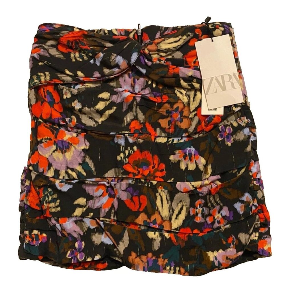 ZARA Floral And Black Print Mini Skirt Ruched Sides Women’s Size XS